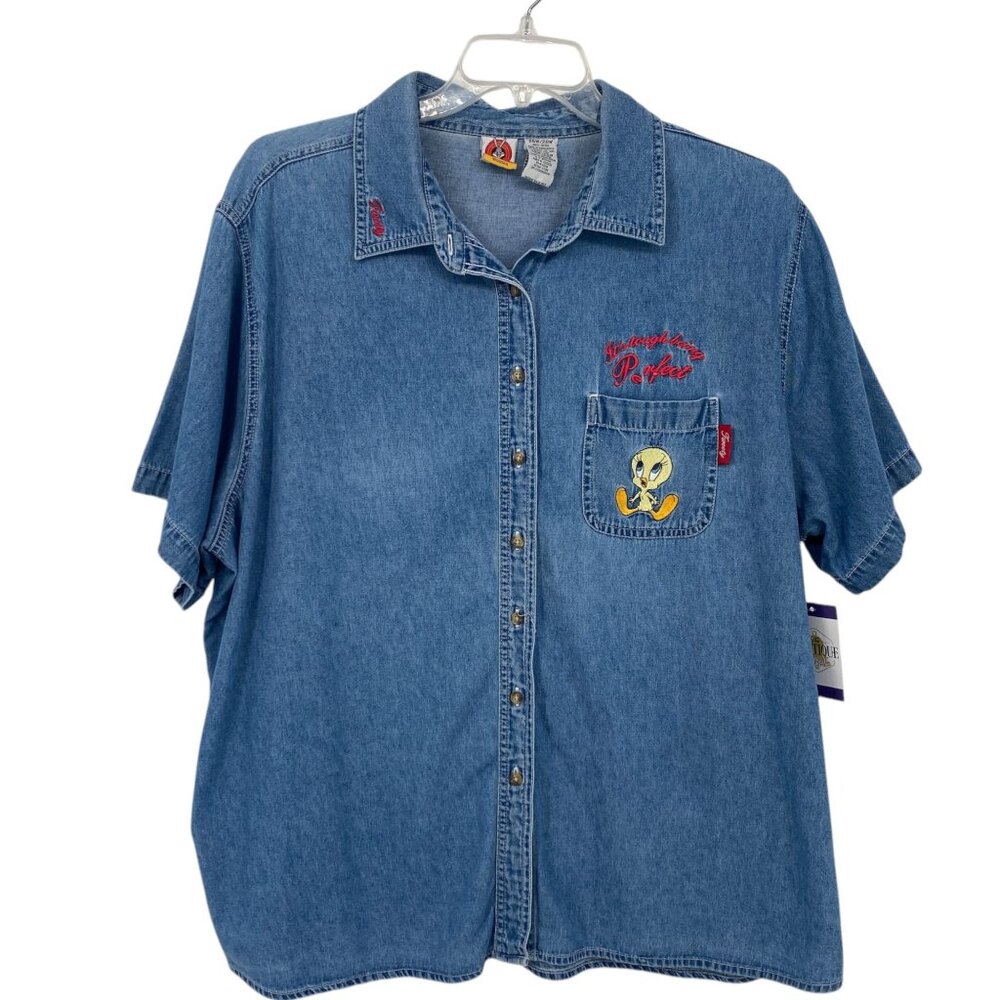Vintage 90s Looney Tunes Denim Shirt Tweety Embroidery "Its Tough Being Perfect"